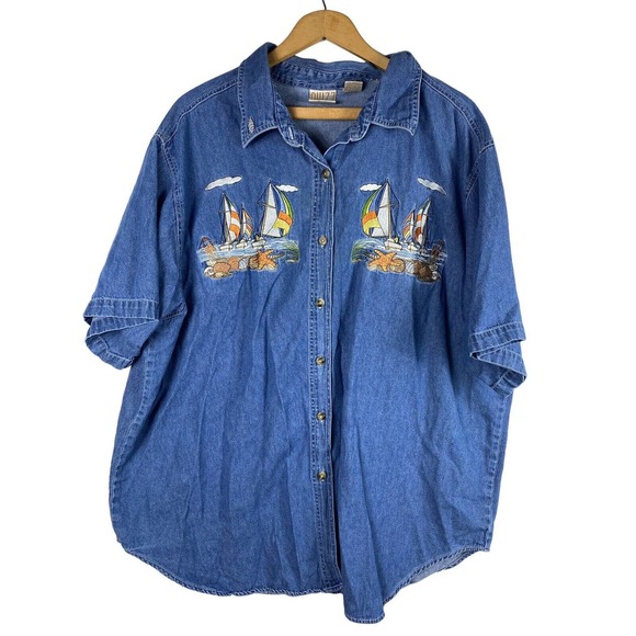 Quizz Shirt 24 2X Embroidered Denim Chambray Sailboat Boat Nautical Womens - Picture 1 of 7